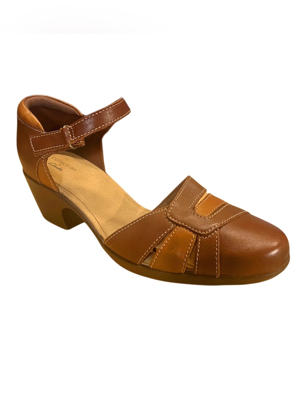 Clarks Two-Tone Brown Leather Low Heel Mary Jane Sandal Sz 8